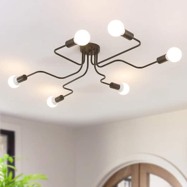 LWYTJO Jordell 38.58 in. 6-Light Black Vintage Sputnik Linear Semi Flush Mount Industrial Style Ceiling Light Spider Fixture