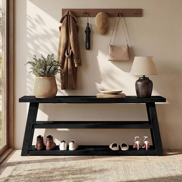 BYBLIGHT 25.59 in. H x 62.99 in. W Black Solid Wood Shoe Storage