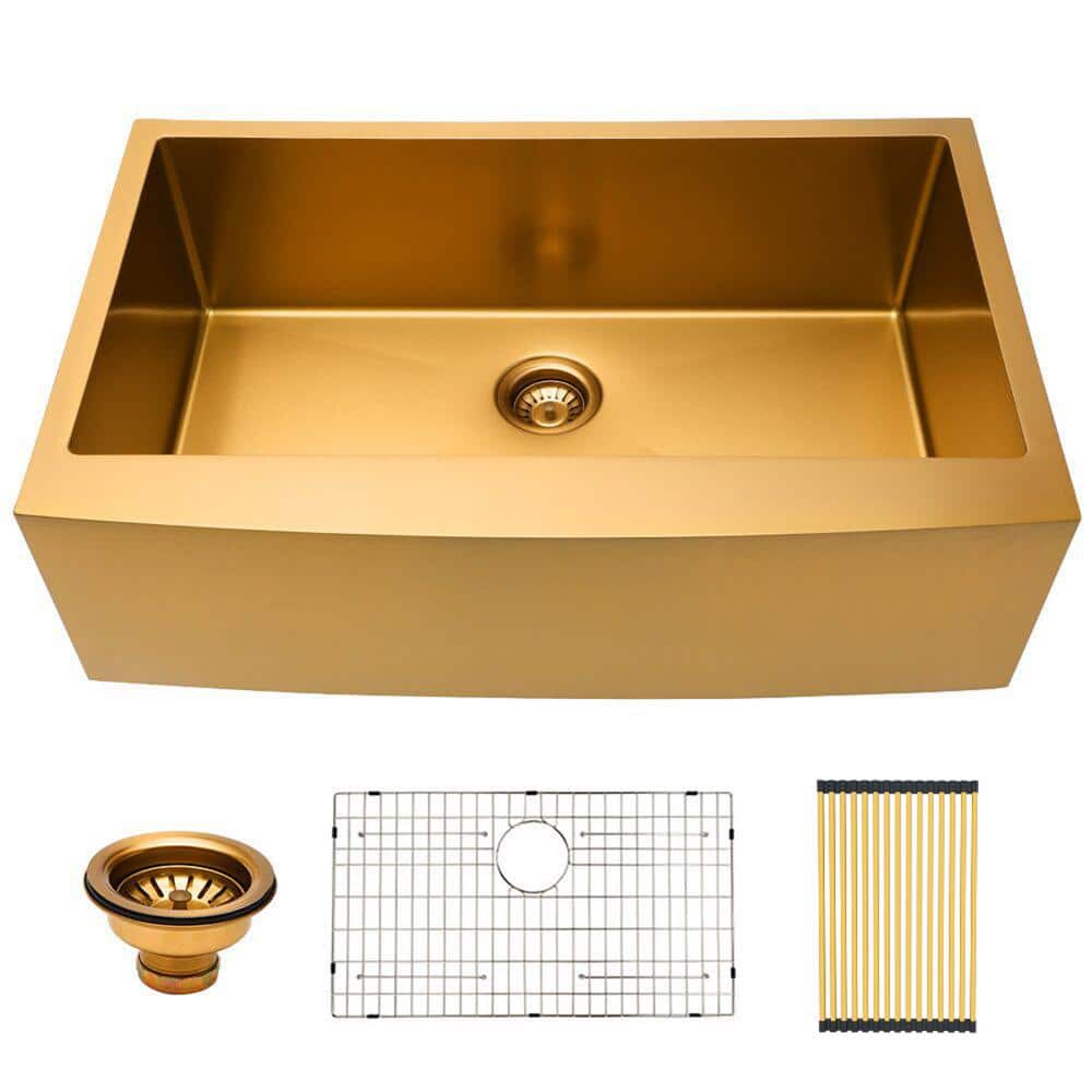 30 in Farmhouse/Apron-Front Single Bowl Gold Stainless Steel Kitchen Sink with Bottom Grid and Drain