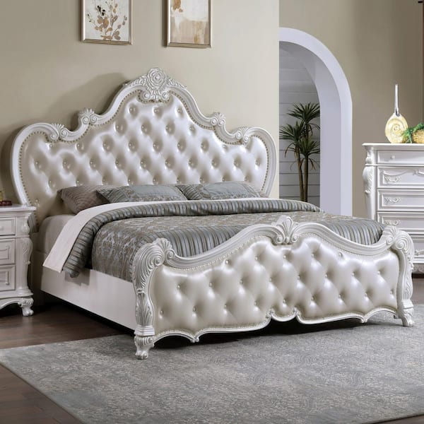 Feliciano White Wood Frame Queen Panel Bed with Button Tufted Headboard and Carved Details