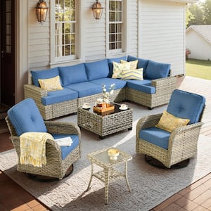 Kelleys 9-Piece Wicker Modern Outdoor Patio Conversation Sofa Set with Swivel Chairs, a LED Table and Sky-Blue Cushions