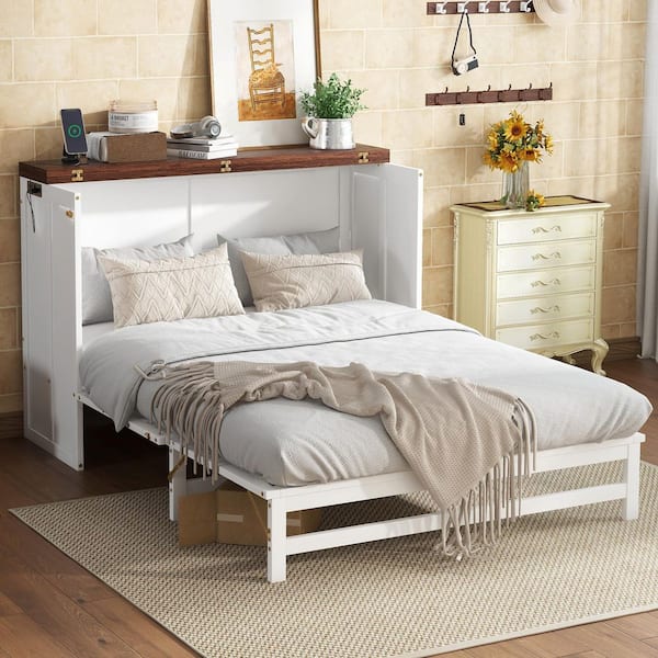 Norah White Wood Frame Full Size Murphy Bed Cabinet with Charging Station