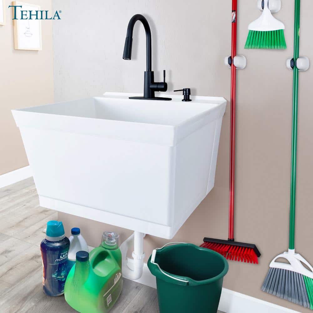 White Thermoplastic Wall Mounted Utility Sink with Matte Black Faucet