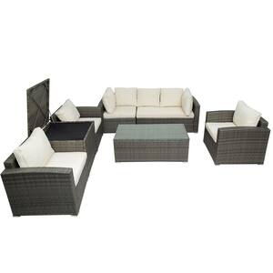 7-Piece Wicker Outdoor Sectional Sofa Set With Storage Compartment Removable Beige Cushions