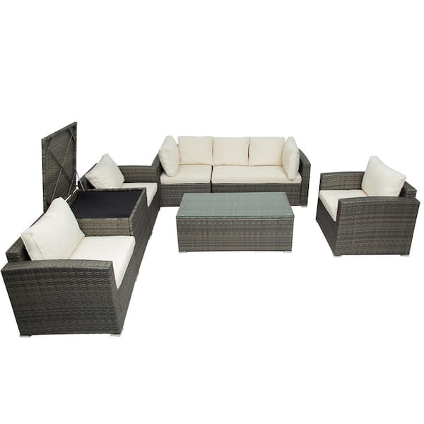 Tunearary 7-Piece Wicker Outdoor Sectional Sofa Set With Storage Compartment Removable Beige Cushions