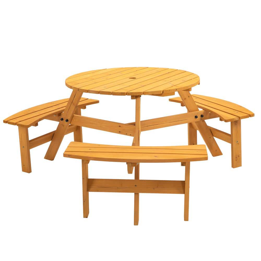 cenadinz Tabletop 35.4 in. Dia. Circular Outdoor Wooden Patio Picnic Table w/ 3 Built-in Benches for 6-Person in Yellow Brown