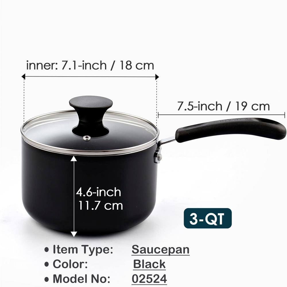 3 Quart Black Aluminum Non-stick Saucier with Glass Lid