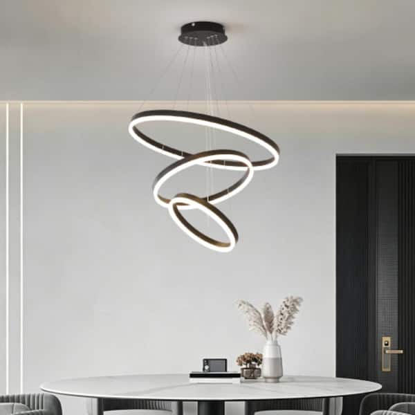 Dolria 3-Ring 59" Modern LED Chandelier – Dimmable 2700K-6000K, Black, Adjustable Hanging Wires For Living Room Kitchen Island Dining Room