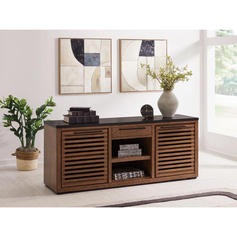 Kallari Brown/Black 27.5 in. Credenza Accent Cabinet with 3-Shelves, 1-Drawer and Doors