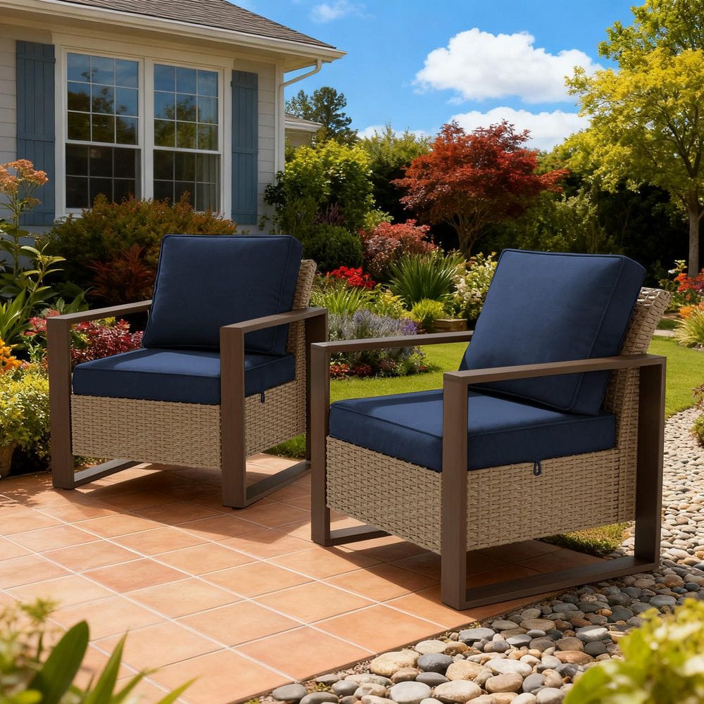 2-Piece Patio Wicker Lounge Chair Set with Powder-Coated Steel Frame, Dark Blue Cushions and Ergonomic Armrests price history on PriceWatchPro