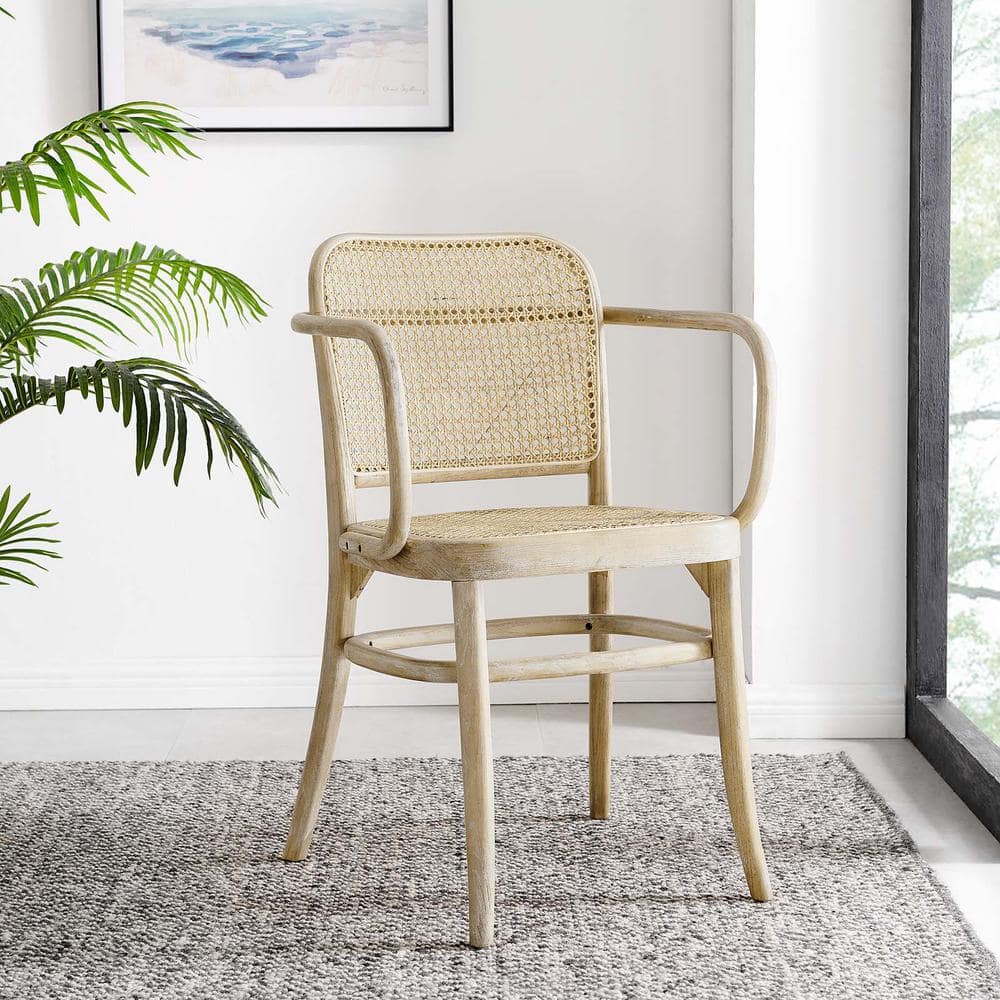 Winona Gray Elm Wood and Rattan Cane High Arm Chair