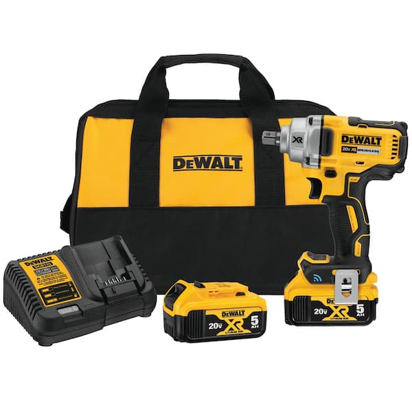 DEWALT 20V MAX XR Cordless Brushless 1/2 in. Mid-Range Impact Wrench Detent Pin, Tool Connect, and (2) 20V 5.0Ah Batteries