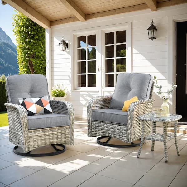 Toject Beverly Gray 3-Piece Wicker Outdoor Patio Conversation Swivel Rocking Chair Seating Set with Dark Gray Cushions