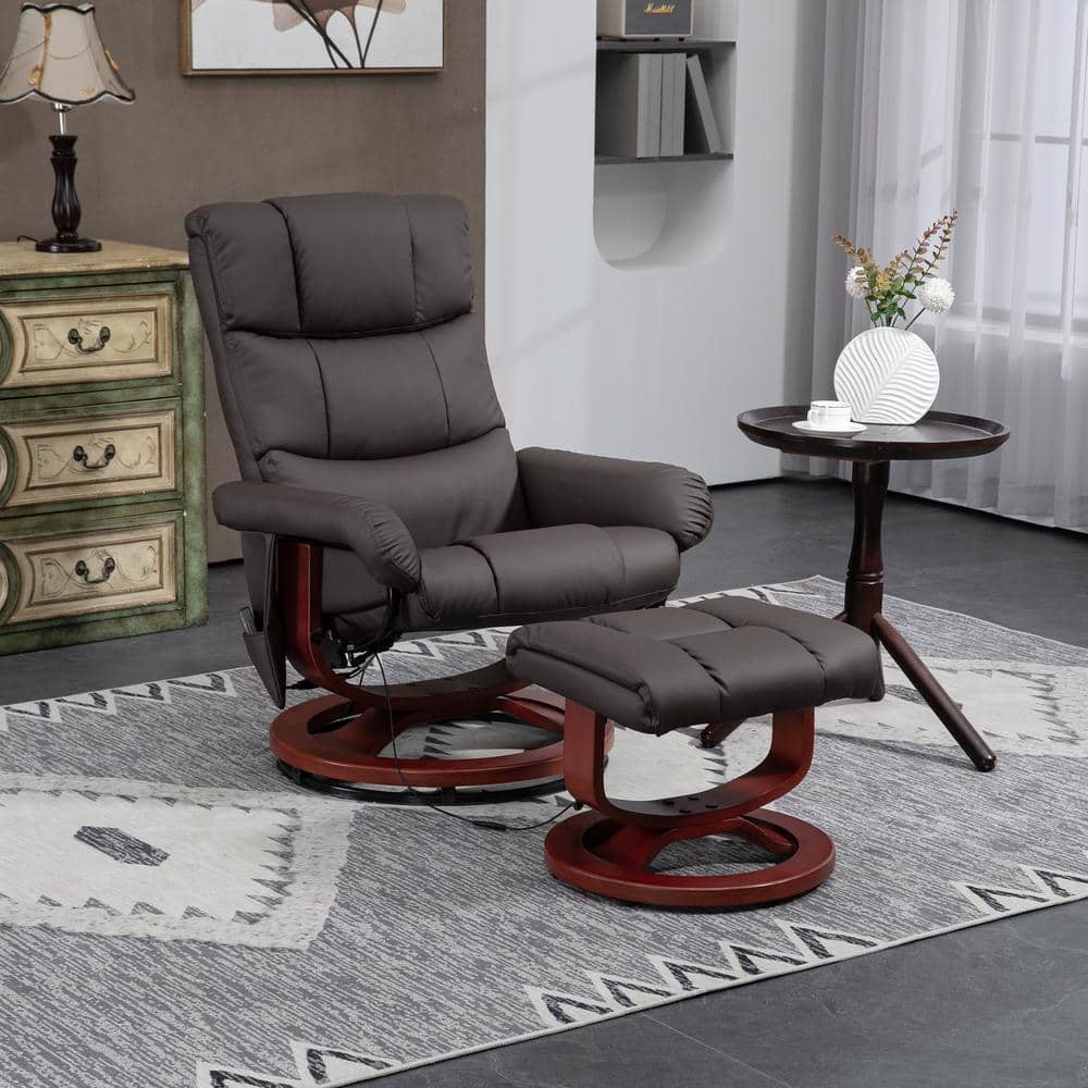 Brown Faux Leather Swivel Massage Recliner with Ottoman