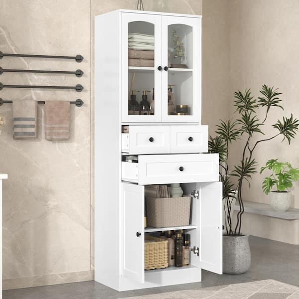 Unbranded 23 in W x 14.3 in D x 67 in H Wood Ready to Assemble Tall Bathroom Storage Cabinet in White with Drawers Shelf