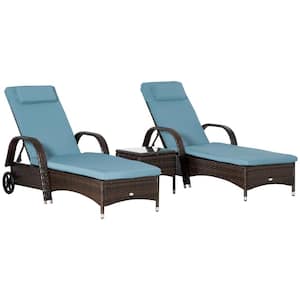 3-Pieces Wicker Outdoor Chaise Lounge Chair Set with Grey Cushions