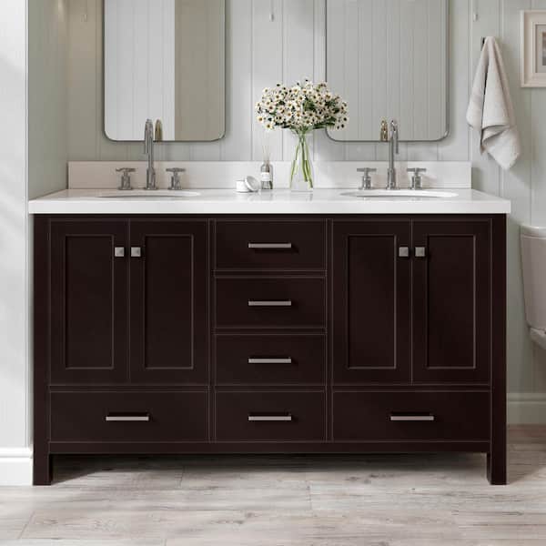ARIEL Cambridge 61 in. W x 22 in. D x 36 in. H Vanity in Espresso with Pure White Quartz Top