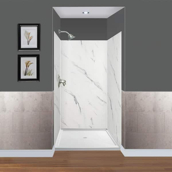 Expressions 36 in. x 36 in. x 72 in. 3-Piece Easy Up Adhesive Alcove Shower Wall Surround in Bianca