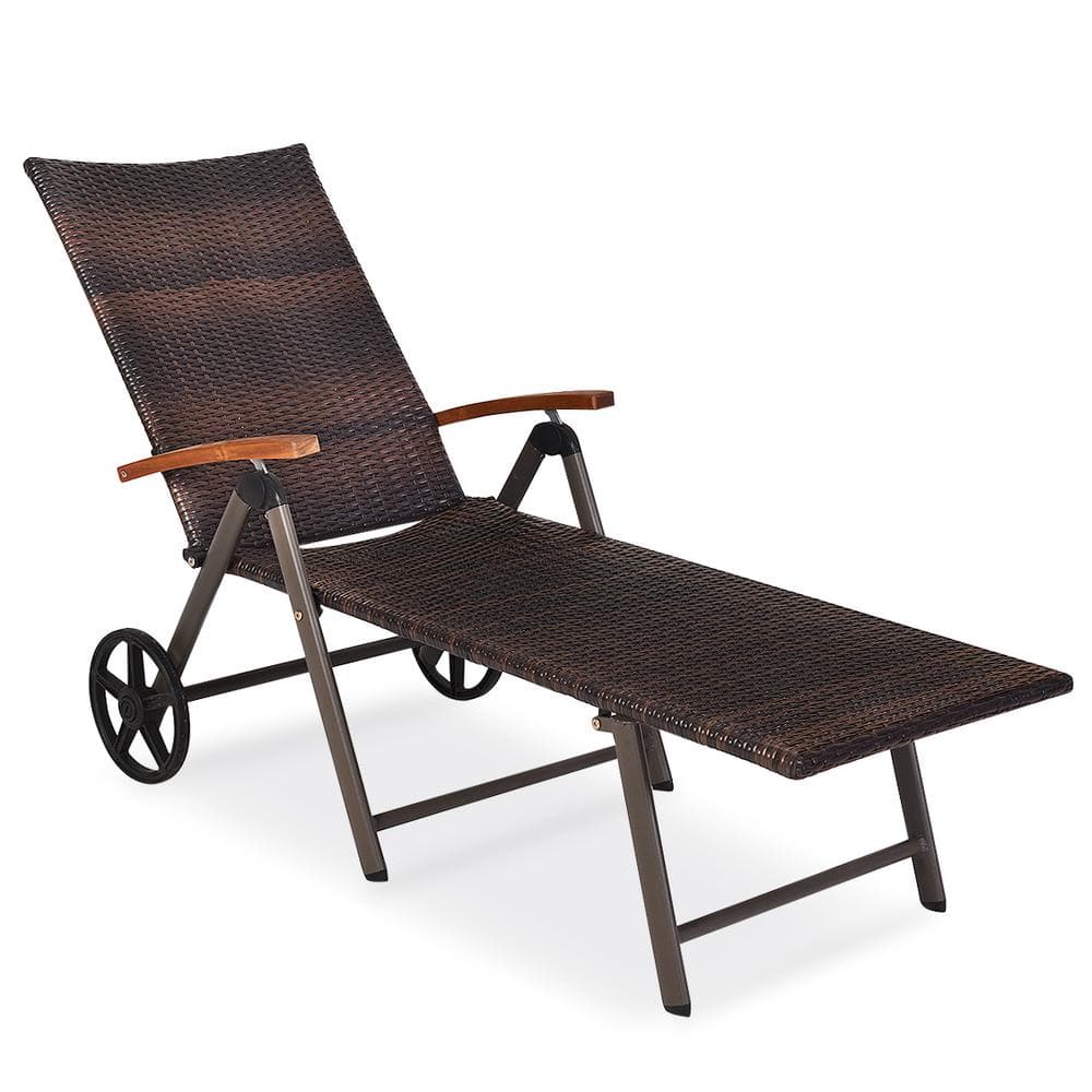 Beige Cushioned Folding Rattan Chaise Lounge with Aluminum Frame