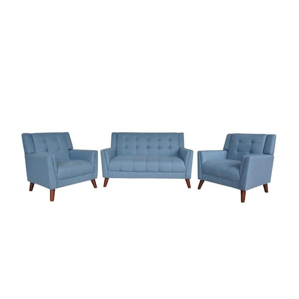 Noble House Candace Mid-Century Modern Tufted Blue Fabric Armchair and Loveseat Set