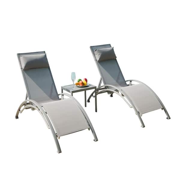 Unbranded 3-Piece Gray Patio Aluminum Chaise Lounge Set, Outdoor Adjustable Recliner Chairs with Metal Coffee Table for Poolside