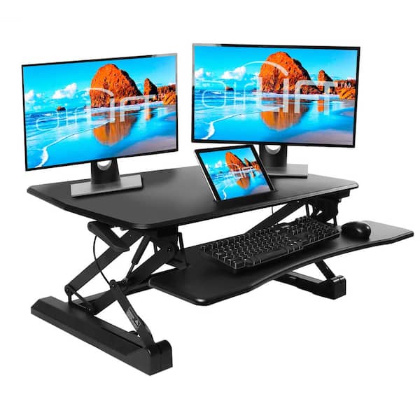 Seville Classics AIRLIFT Black 35.4 in. Height Adjustable Standing Desk Converter Workstation with Dual Monitor Riser and Keyboard Tray