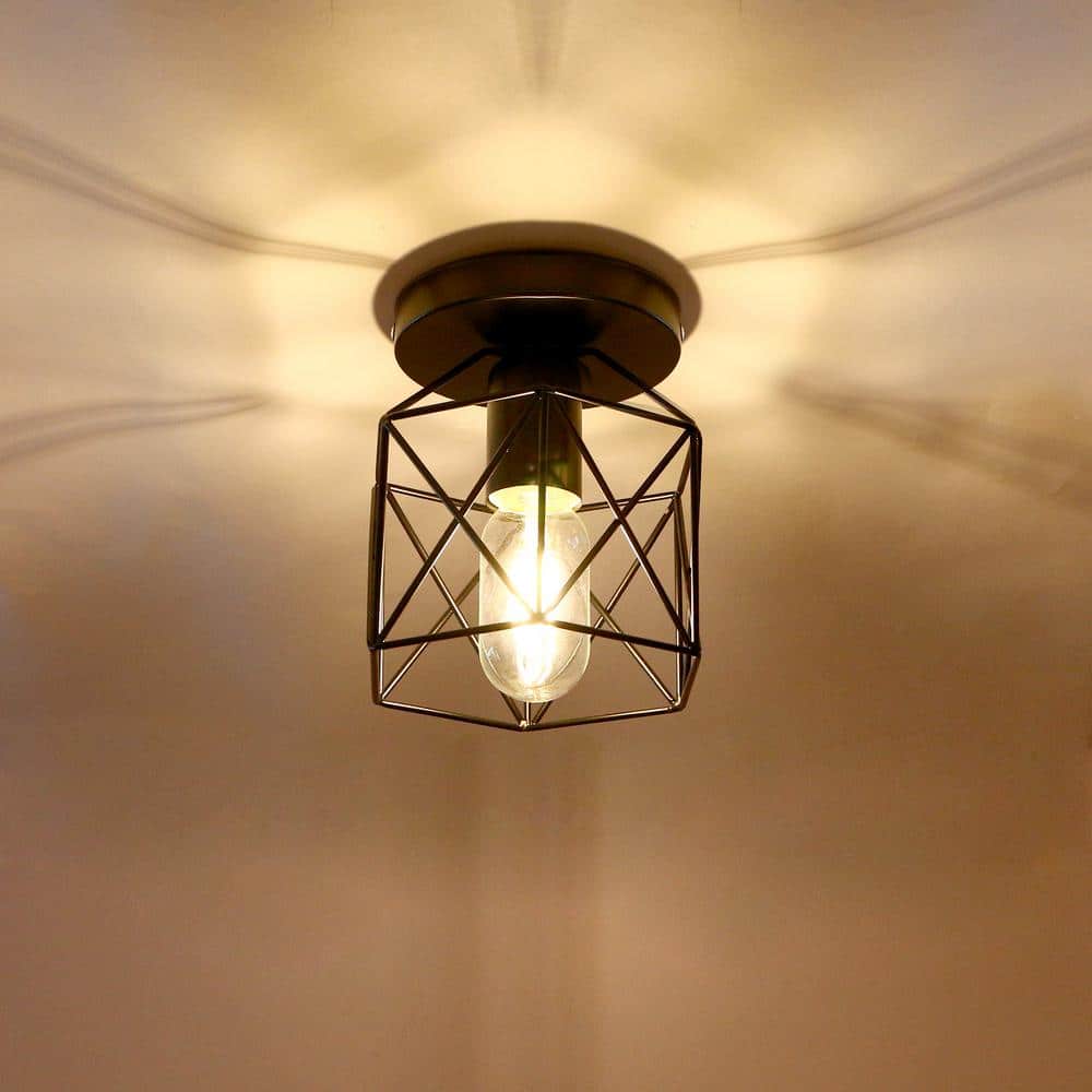 YANSUN 6 in. 1-Light Black Industrial Semi-Flush Mount