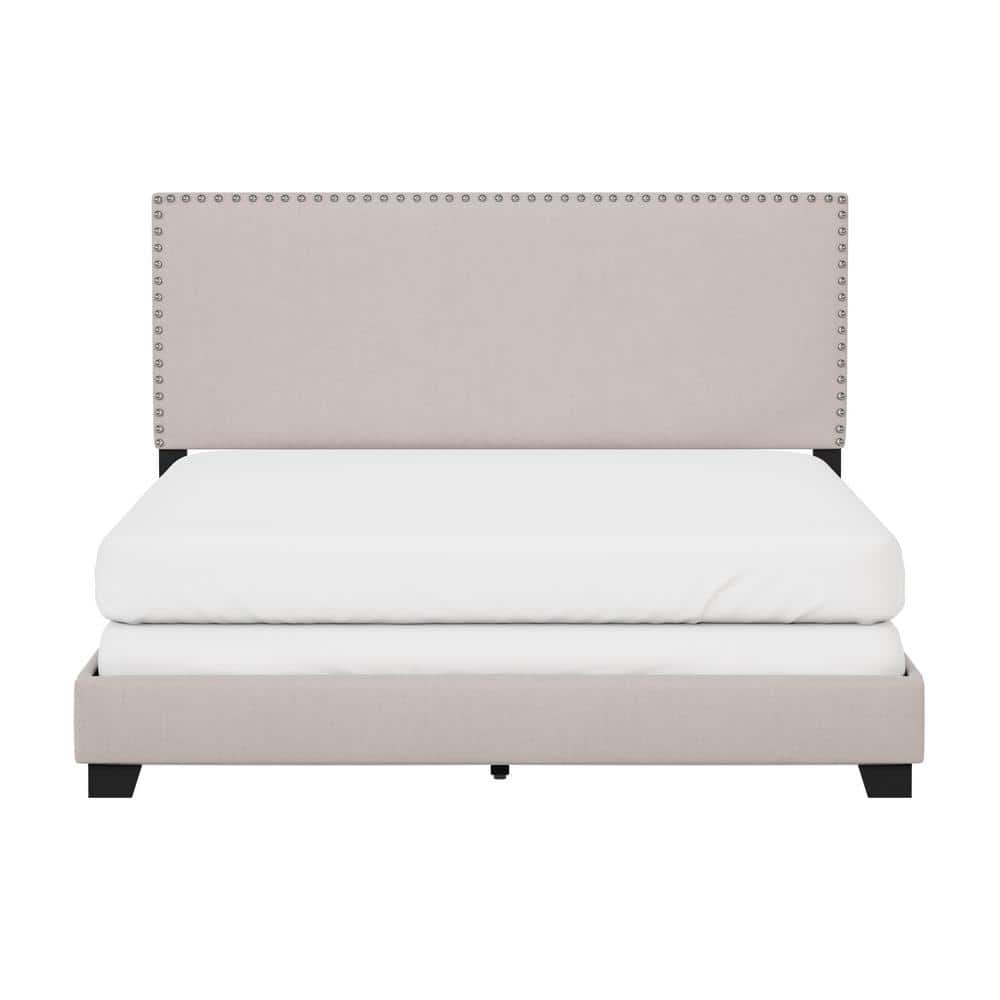 Gray Fog Upholstered Queen Bed with Nailhead Trim and Wood Frame