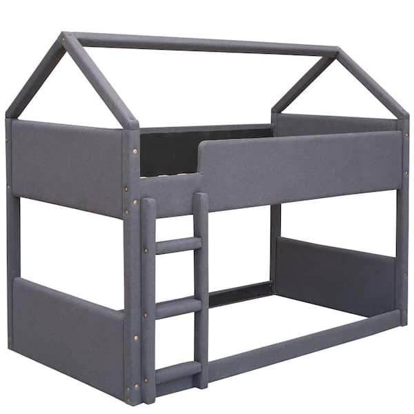 URTR Grey Twin Over Twin Upholstered House Bunk Beds, Wood Floor Bunk Bed with Headboard and Footboard