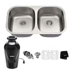 Premier 16- Gauge Stainless Steel 32 in. 50/50 Double Bowl Undermount Kitchen Sink with WasteGuard Garbage Disposal