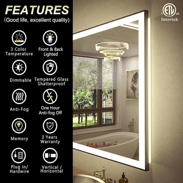 24 in. W x 36 in. H Rectangular Space Aluminum Framed Dual Lights Anti-Fog Wall Bathroom Vanity Mirror in Tempered Glass