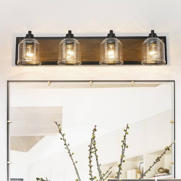 Farmhouse 31.5 in. 4-Light Black and Dark Wood Grain Metal Modern Bathroom Vanity Light with Clear Seeded Glass Shades