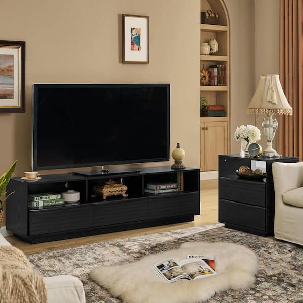 Black 63 in. Mid-Century Modern TV Stand, Farmhouse Entertainment Center with Solid Wood Drawers (Max TV Size 75 in.)