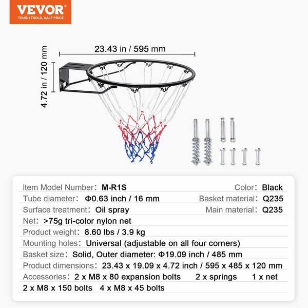 18" Full Size Basketball Hoop Ring & Net – Wall Mounted Outdoor Hanging Basket, Alloy Steel