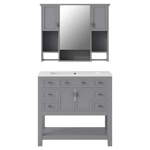 36 in. W x 18 in. D x 34.1 in. H Single Sink Freestanding Bath Vanity in Grey Bathroom Cabinet with Resin Top and Mirror