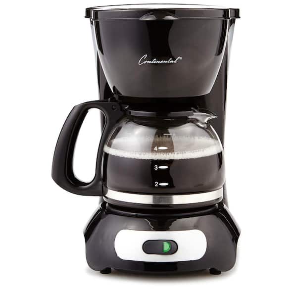 Continental Coffee Maker, 4- Cup Capacity, Black Body with Gray Control Panel, Non- Drip Coffee Maker, Lighted On/Off Switch