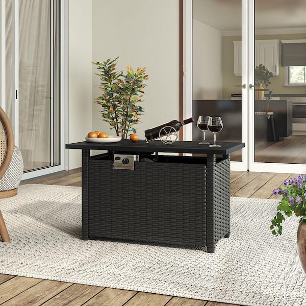 Sizzim 44 in. Black Wicker Rectangular Propane Gas Fire Pit Table with Lid, Fire Glass Beads, and Waterproof Cover