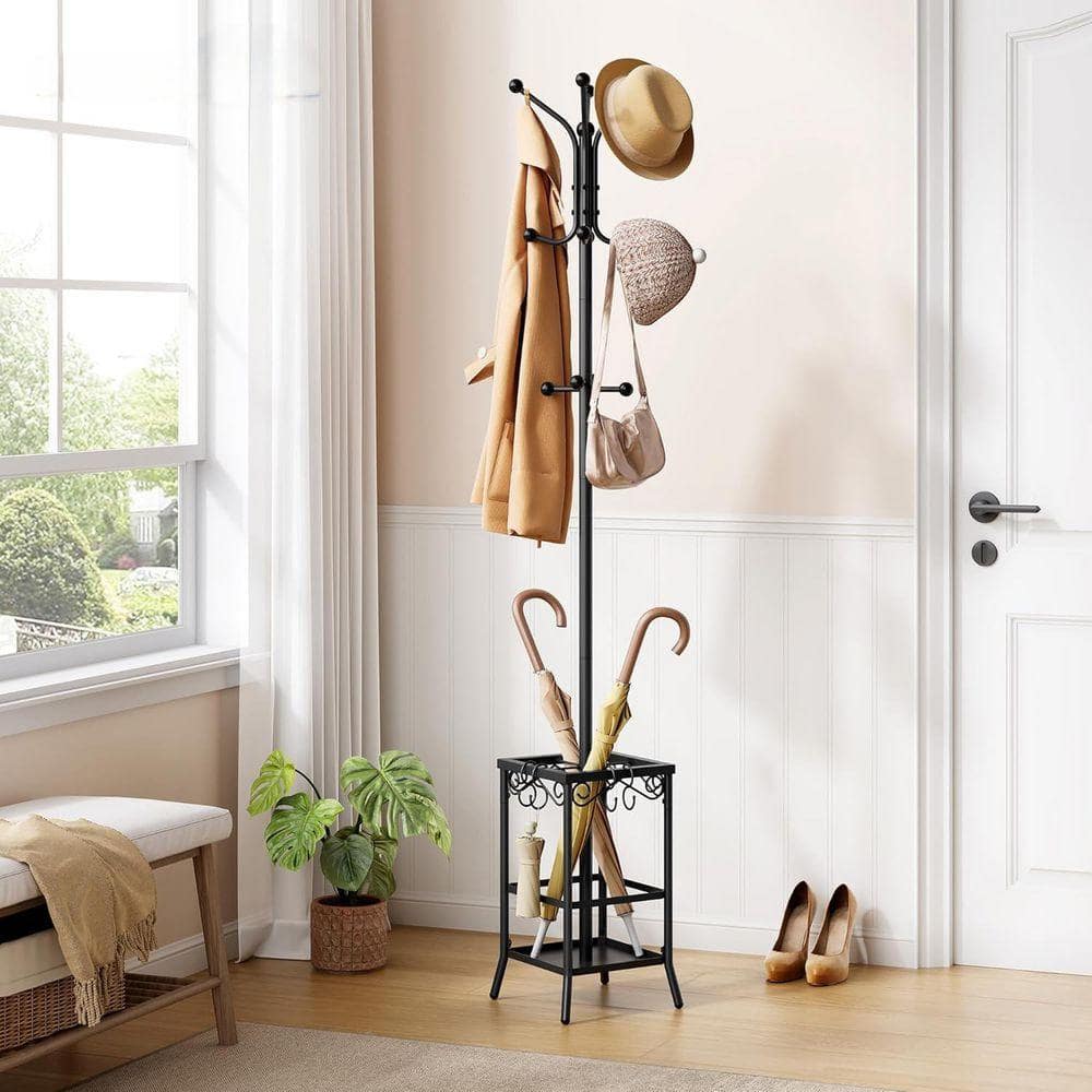 Freestanding Black Metal Coat Rack Umbrella Stand with 12-Hooks