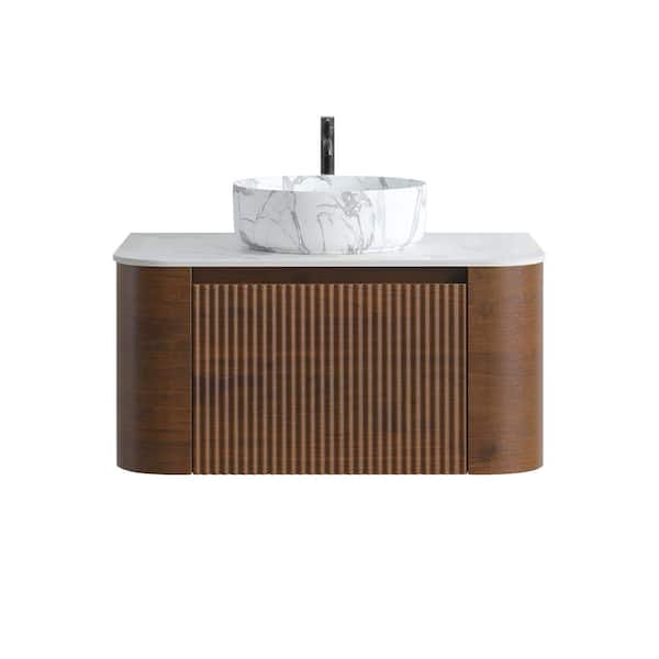 30" Walnut Bathroom Vanity with Single Carrara White Ceramic Sink,Wall-Mounted Cabinet&Towel Rack(No Faucet/Drain)