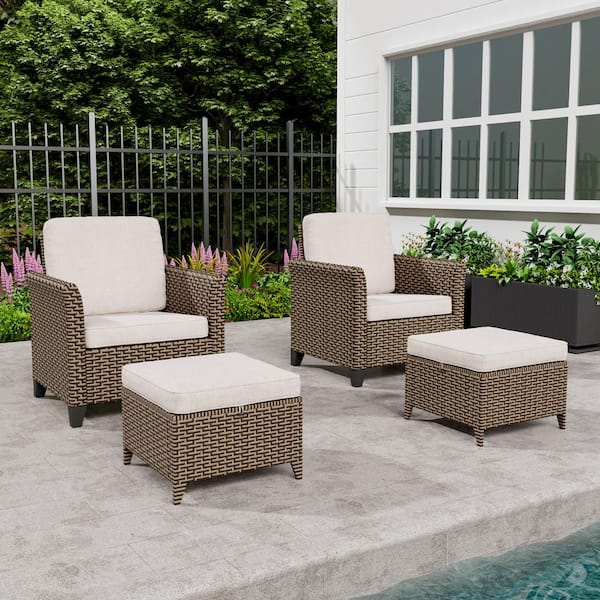 INMITOM Outdoor Wicker Lounge Chair Set with Beige Cushions and