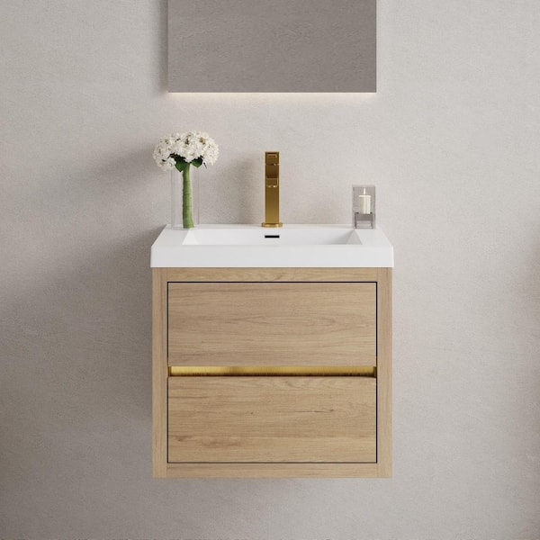 Ziyudura 24 in. Single Sink Floating Oak Bath Vanity with White Resin Top (Assembled), Soft Close Drawers, U-shape Drair
