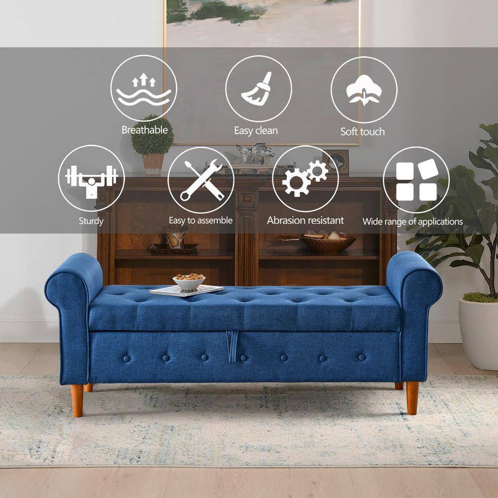 Blue Linen Tufted Storage Bench with Rolled Arms