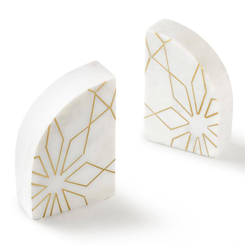 White and Gold Geometric Marble Stone Bookends, Set of 2