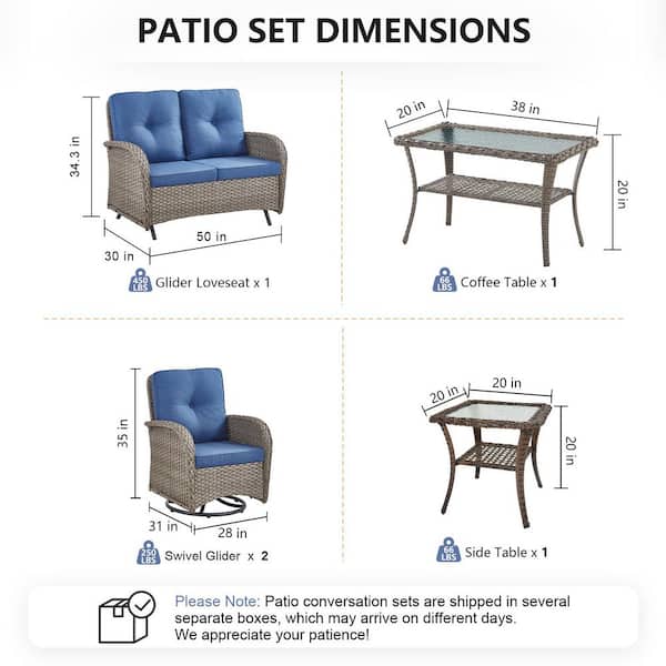 SleekArm 5-Piece Gray Wicker Patio Conversation Set with Olefin Blue Cushion/Glider Loveseat with Patio Swivel Chairs