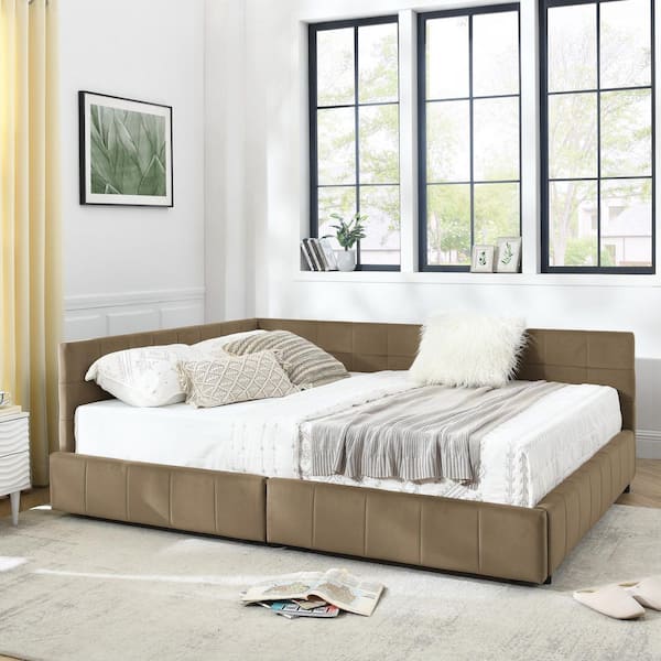 Farley Brown Velvet Upholstered Queen Size Daybed with Storage Drawers, Tufted Bed Frame, Armrests