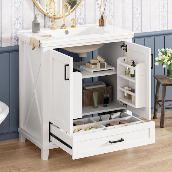 Virubi 30 in. W White Rustic Bath Vanity with White Ceramic