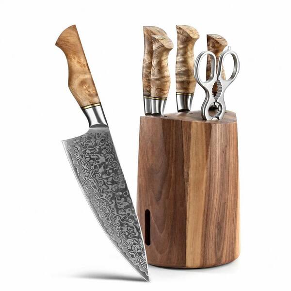 7-Piece 67-Layer Damascus High-Carbon Steel Kitchen Knife Set with 10Cr15CoMoV Core and Black Walnut Block