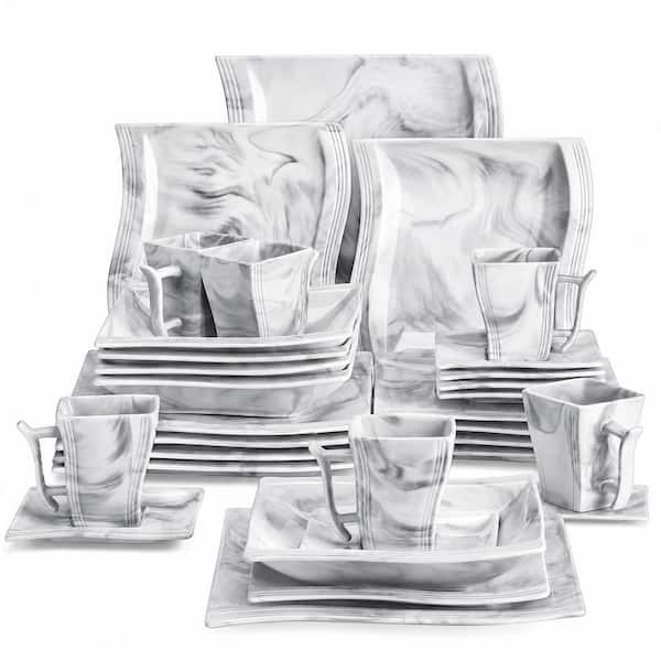 30-Piece Porcelain Dinnerware Set with Square Dinner Plate, Dessert Plate, Soup Plate, Cup and Saucer, Gray (Set for 6)