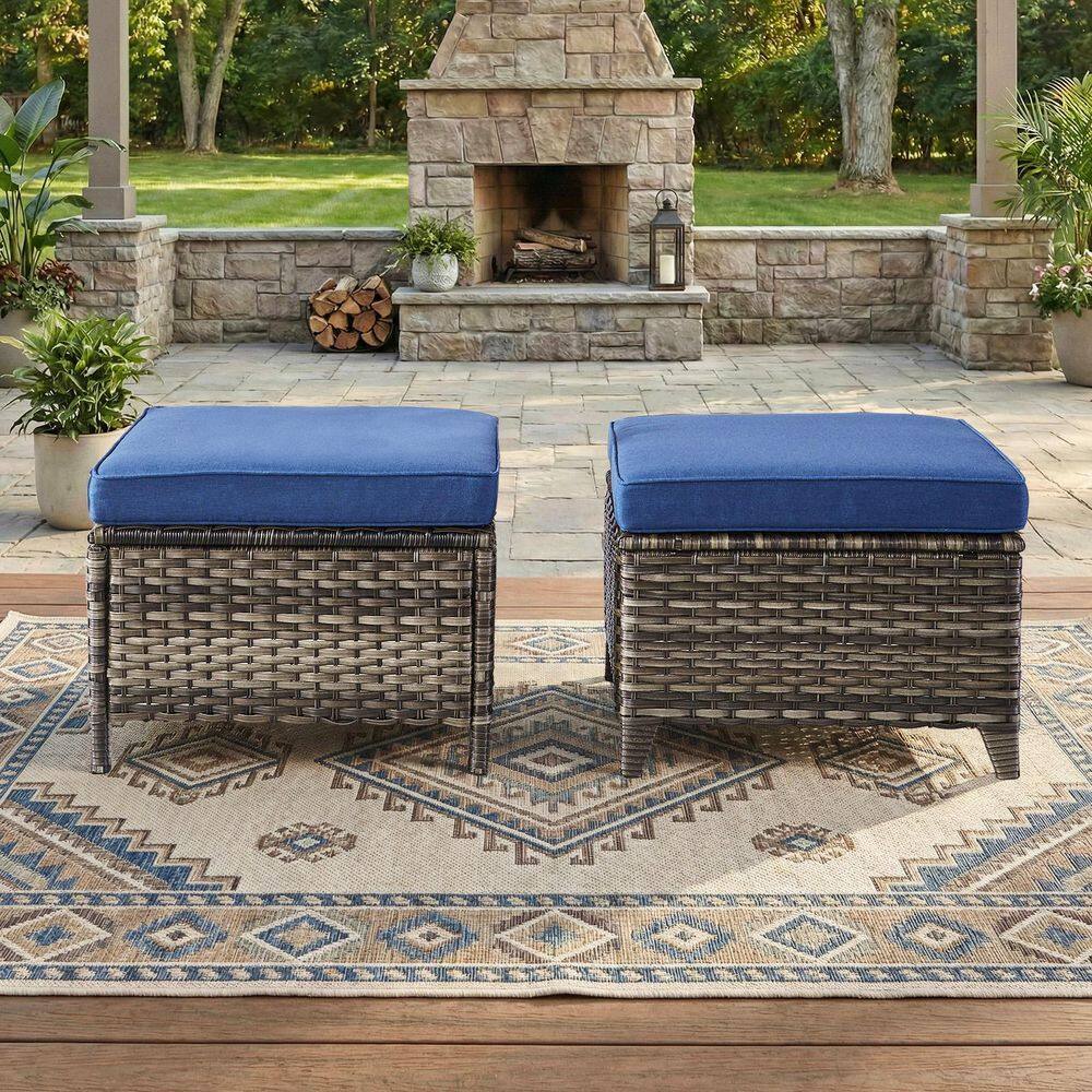 WellCane 2-Piece Gray Wicker Outdoor Ottoman Patio Footstool Multipurpose Outdoor Furniture Bench with Blue Cushion