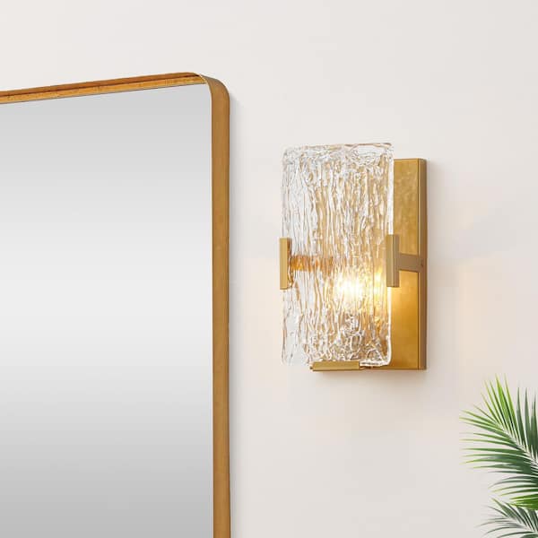 1-Light Gold Wall Sconces with Clear Textured Glass Shade